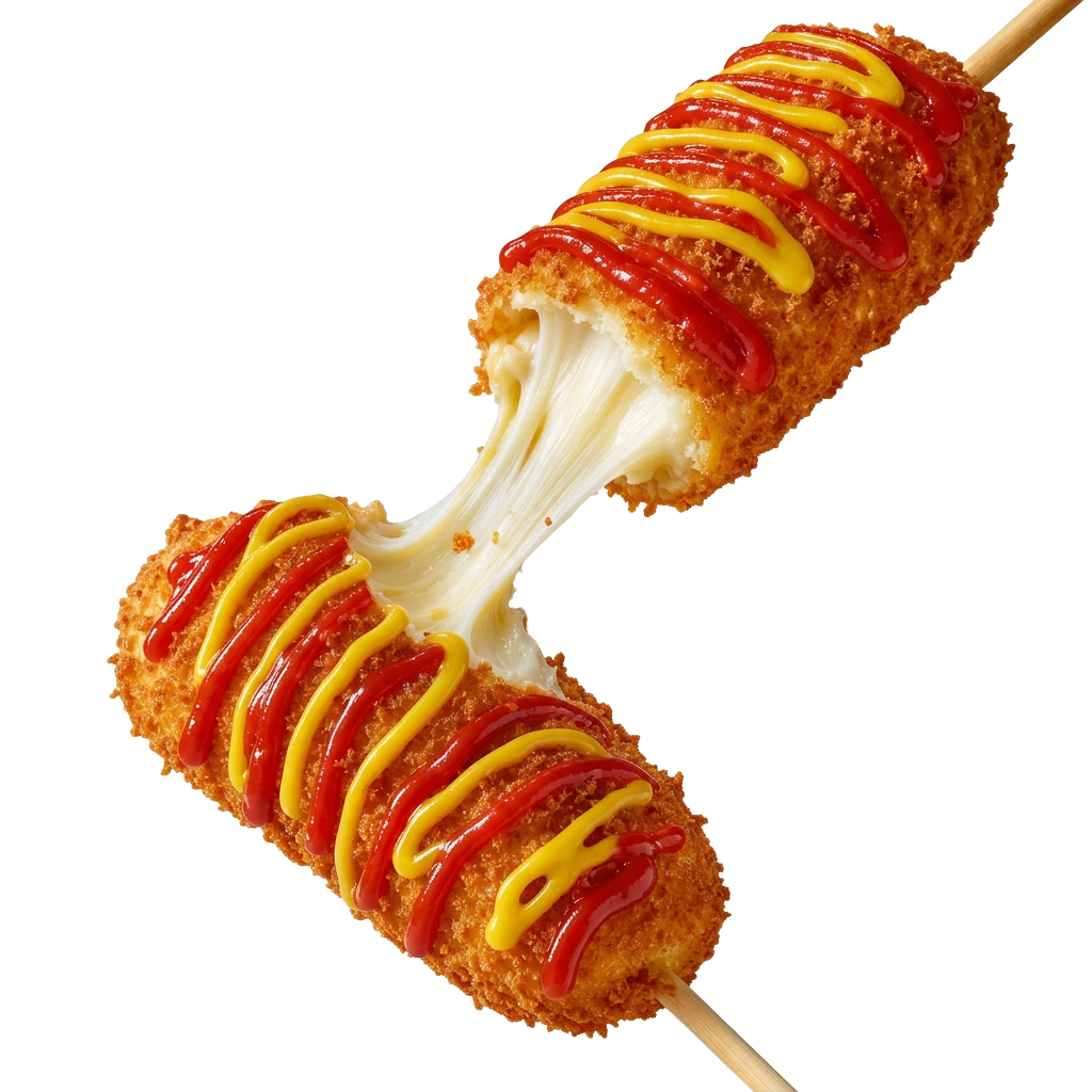 Korean cheese corn dogs with a melted cheese pull, drizzled with ketchup and mustard